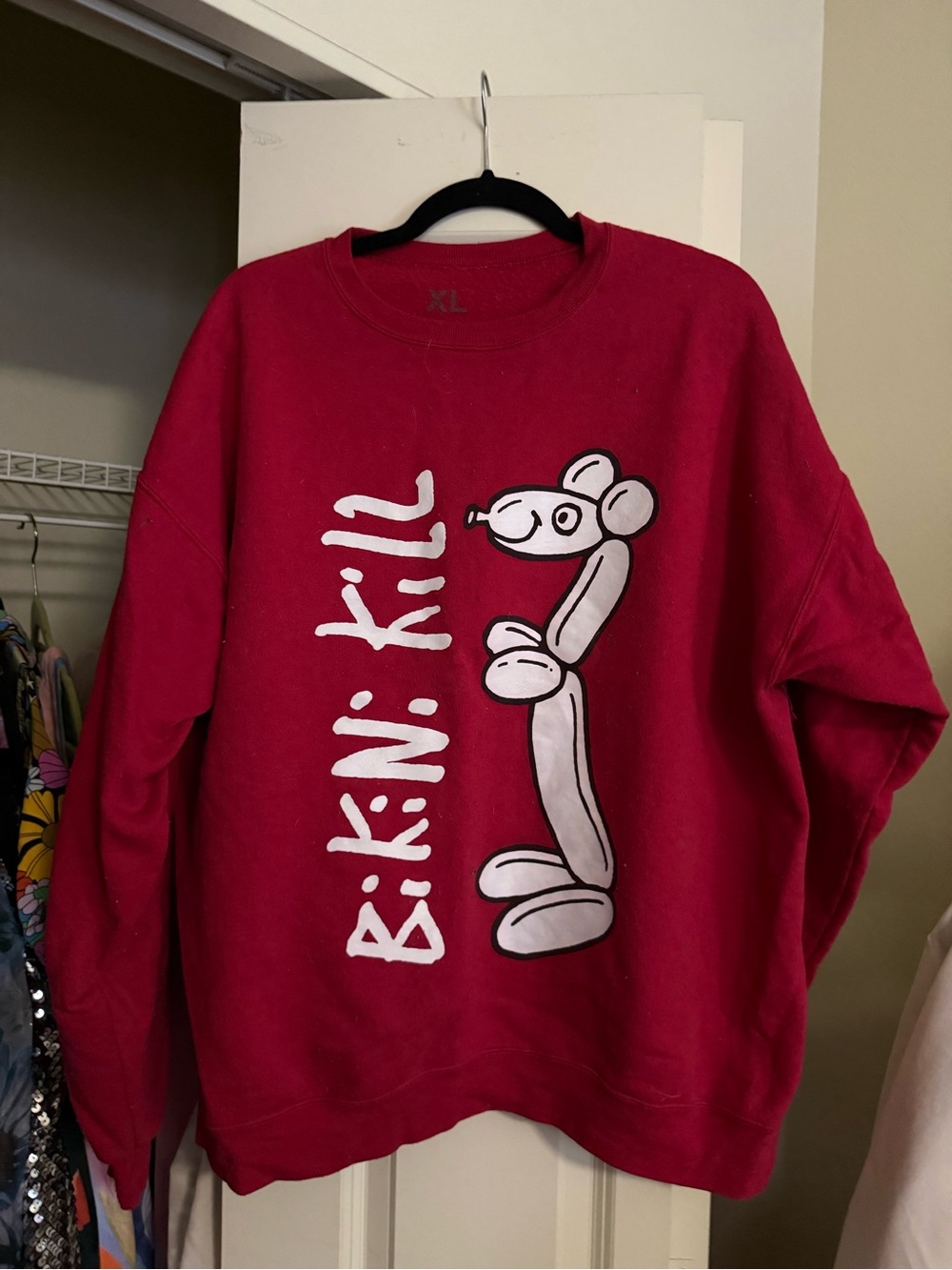 Bikini Kill Red Graphic Crewneck Sweatshirt with White Balloon Bear Design